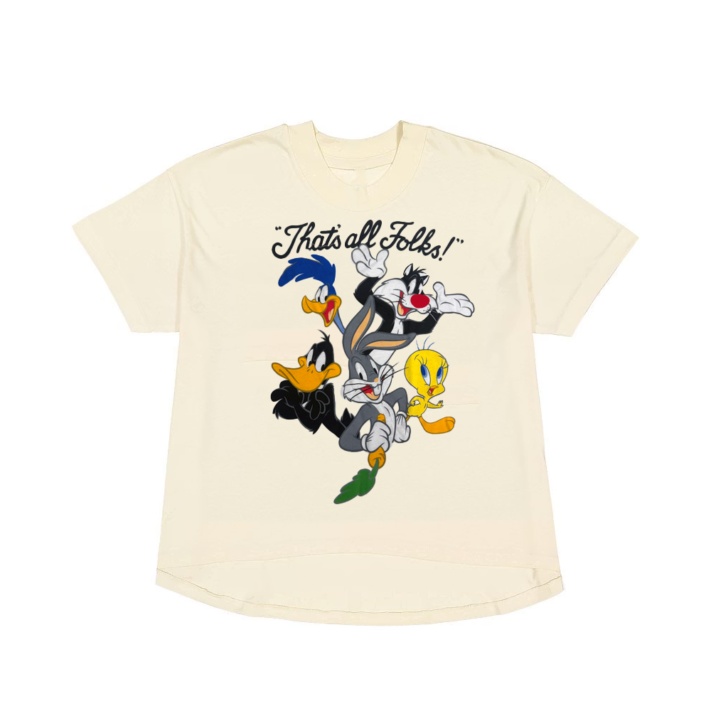 Women’s distressed Looney Tunes graphic t-shirt featuring the "That’s All Folks" design by Bioworld, casual and stylish.