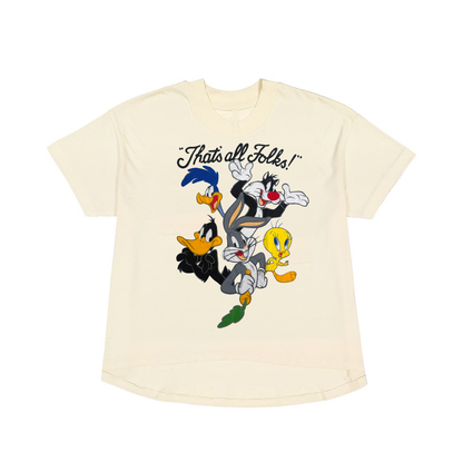 Women’s distressed Looney Tunes graphic t-shirt featuring the "That’s All Folks" design by Bioworld, casual and stylish.