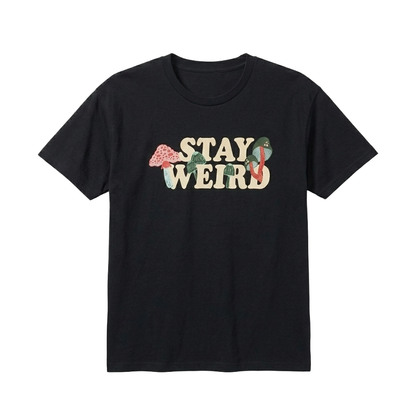 Plus size women's graphic T-shirt by Bioworld featuring a whimsical mushroom design on a Stay Weird themed tee.