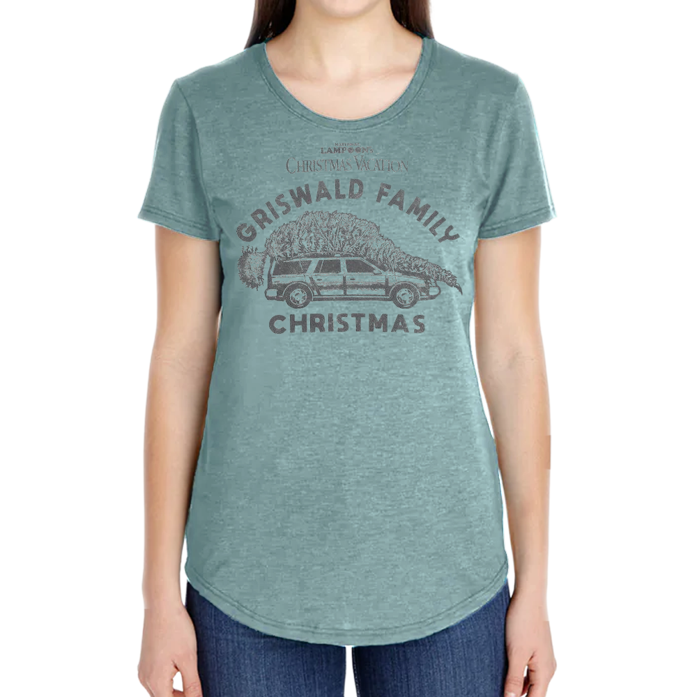 Women Juniors Green Heather Christmas Vacation Griswold Family Christmas T-Shirt