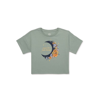 Girls Wonder Nation cropped short sleeve graphic T-shirt featuring "Live in the Moment" print, casual and stylish for everyday wear.