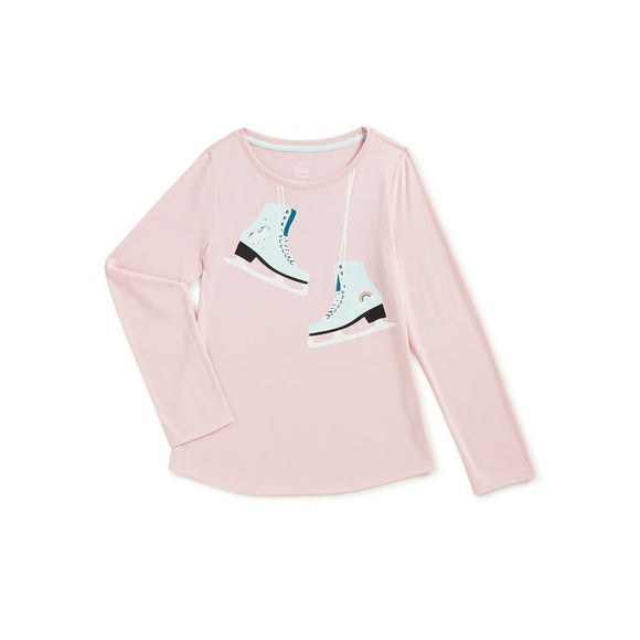 Girls Wonder Nation Polar Pink Skates Graphic Long Sleeve T-Shirt