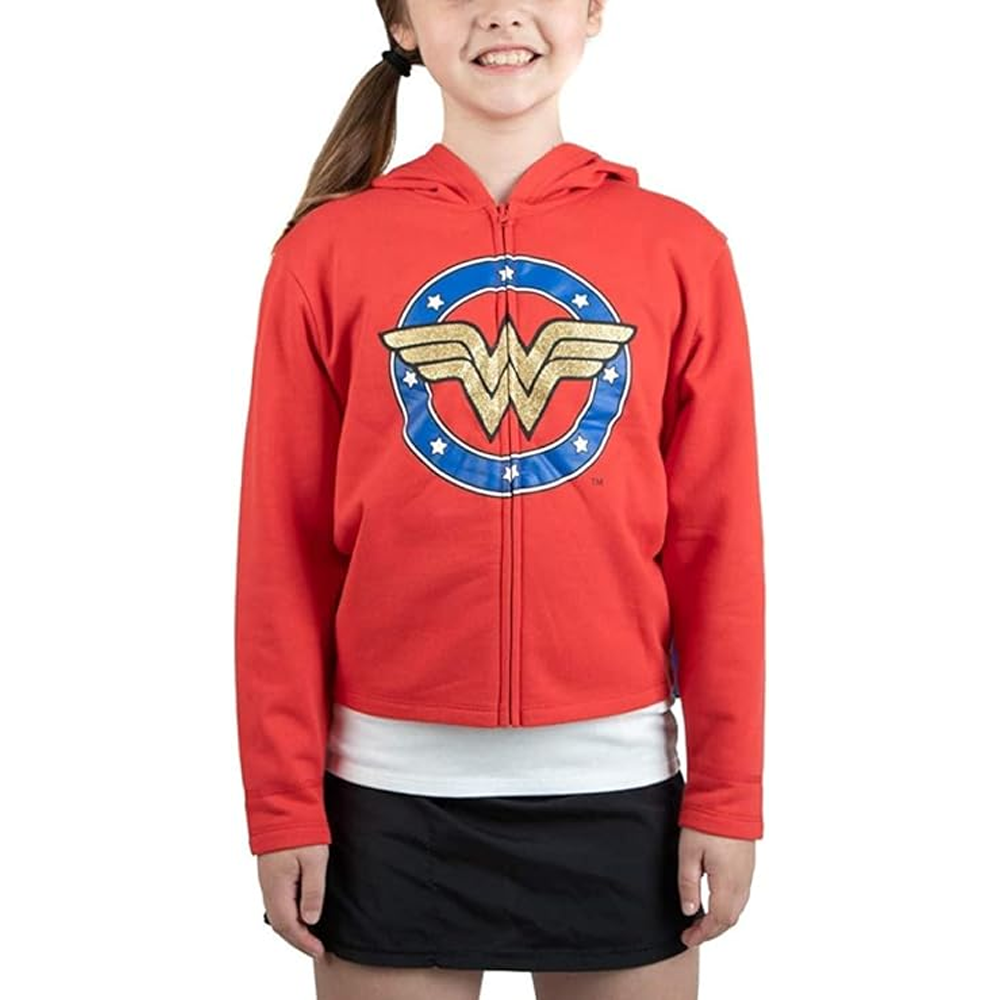 Youth girls' Wonder Woman hoodie sweatshirt with cape by Bioworld, featuring the iconic Wonder Woman logo and vibrant colors.