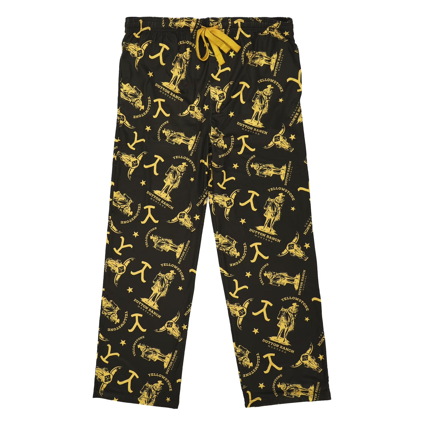 Men's Yellowstone Dutton Ranch logo black wash sleep pajama pants by Bioworld, featuring ranch-themed print and comfortable relaxed fit.
