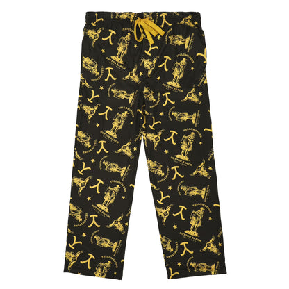 Men's Yellowstone Dutton Ranch logo black wash sleep pajama pants by Bioworld, featuring ranch-themed print and comfortable relaxed fit.