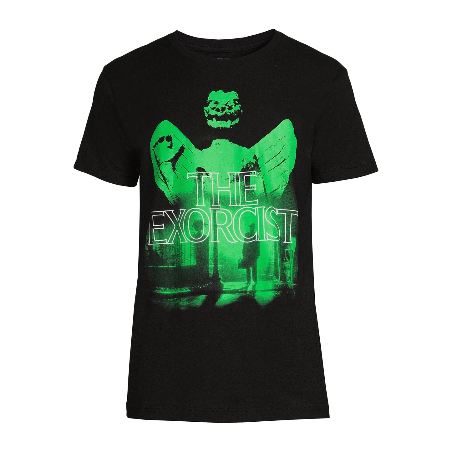 Men's black graphic T-shirt featuring The Exorcist design from Rex Distributor, Inc., with a detailed horror-themed print.