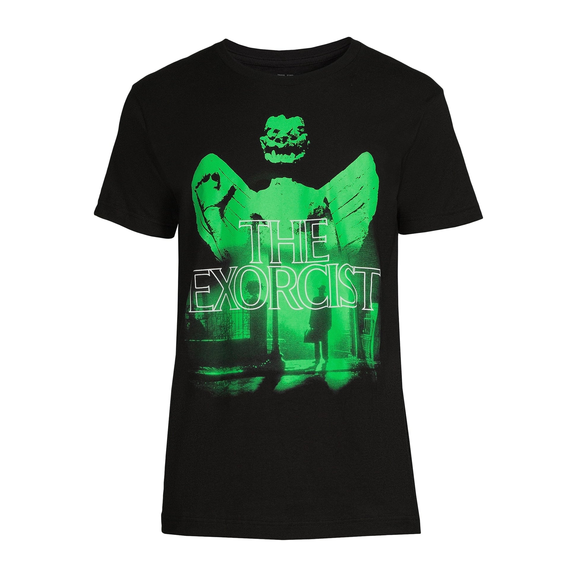 Men's black graphic T-shirt featuring The Exorcist design from Rex Distributor, Inc., with a detailed horror-themed print.