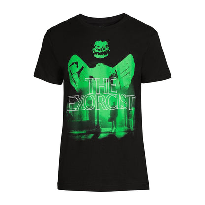 Men's black graphic T-shirt featuring The Exorcist design from Rex Distributor, Inc., with a detailed horror-themed print.