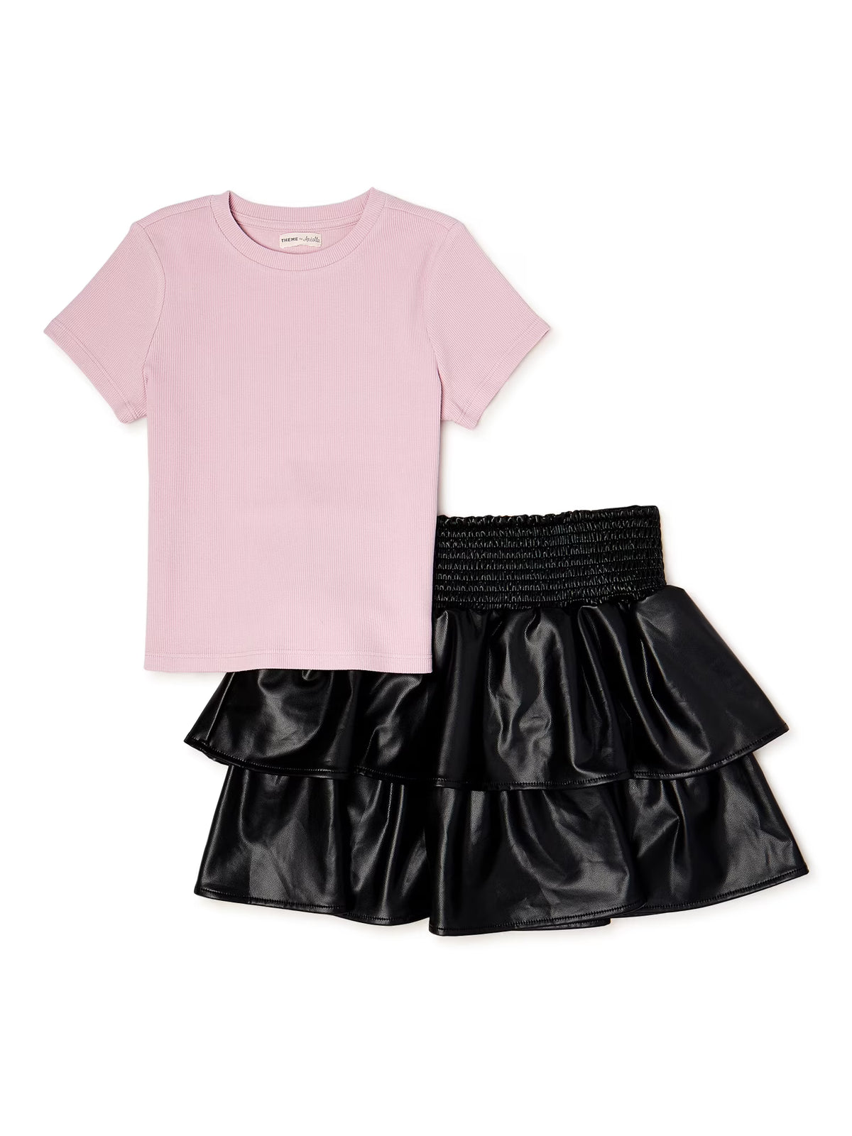 Girls' Theme By Ariella Ribbed T-Shirt and Faux Leather Skirt Set, 2-Piece