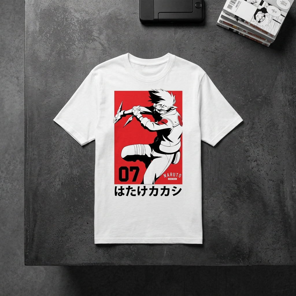 Men's Naruto Kakashi Team 07 anime T-shirt by Bioworld, featuring Kakashi and Naruto graphic on a casual tee shirt.