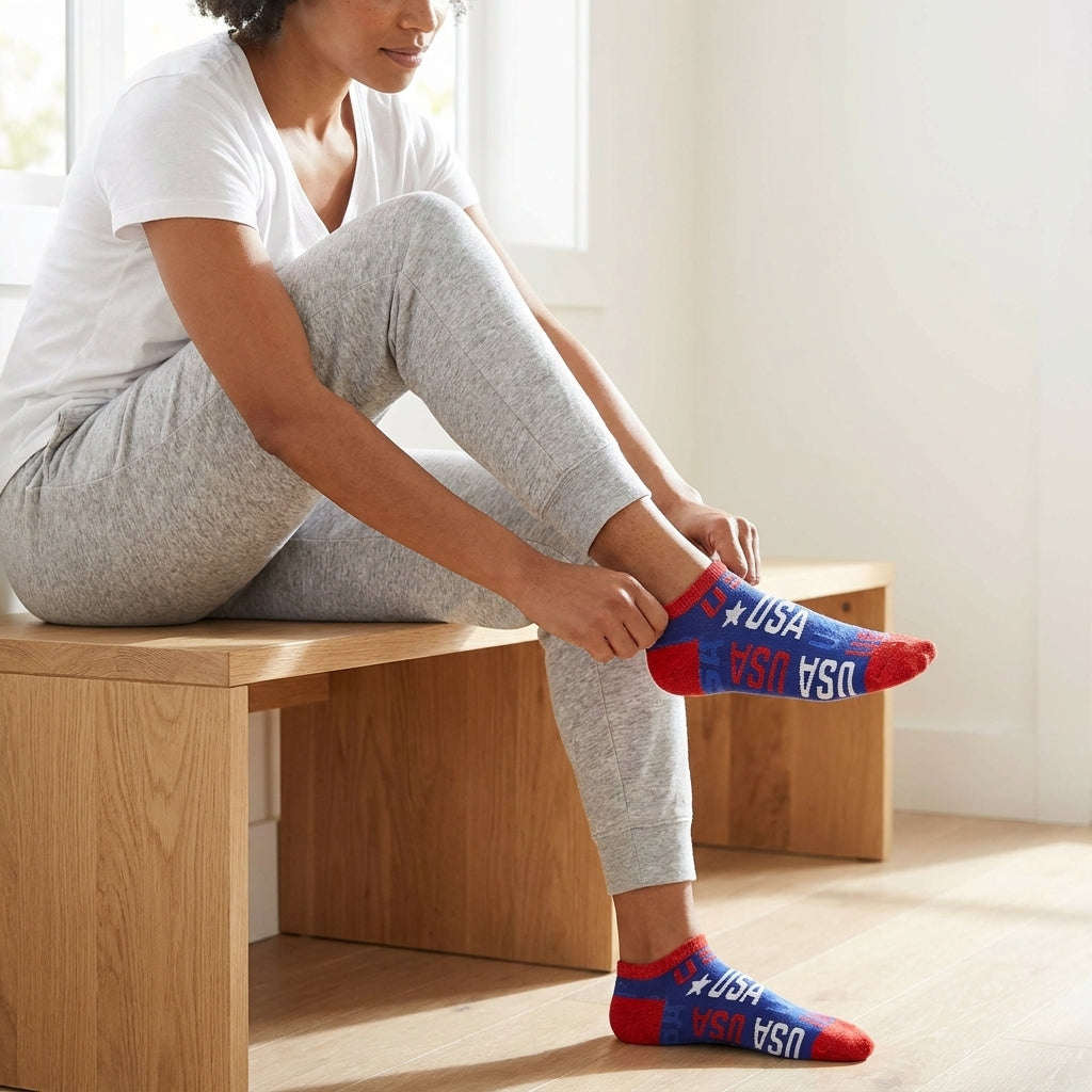 Bioworld American Flag USA Americana shimmer thread no-show ankle socks with patriotic flag design and vibrant colors.