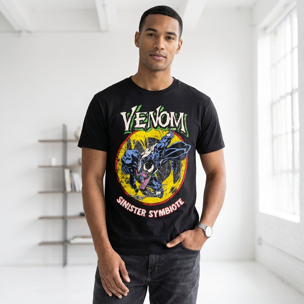 Men's black Venom Sinister Symbiote Marvel graphic T-shirt featuring Venom design on front, casual fit, C-Life Group brand.