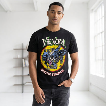 Men's black Venom Sinister Symbiote Marvel graphic T-shirt featuring Venom design on front, casual fit, C-Life Group brand.