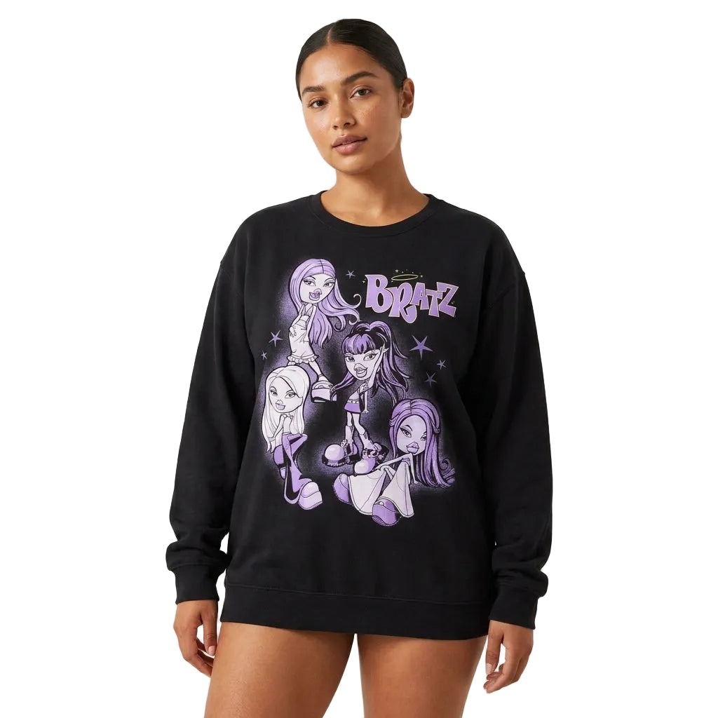 Person wearing a black sweatshirt with cartoon character design and 'Bratz' text on a plain background