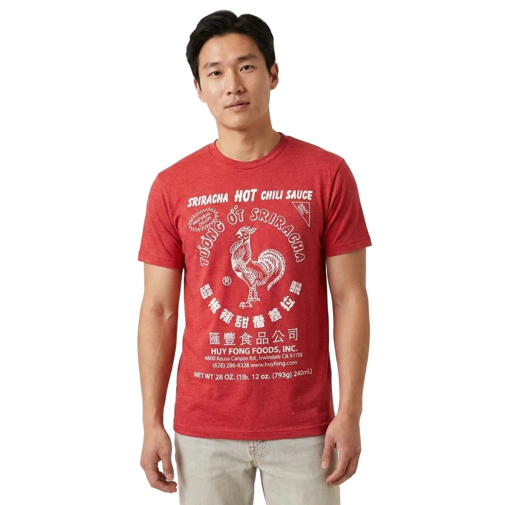 Person wearing a red t-shirt with Sriracha Hot Chili Sauce branding on a white background