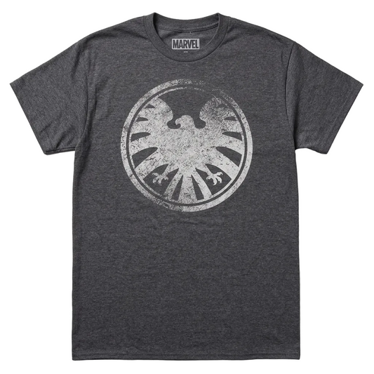 A dark heather gray Marvel t-shirt featuring a distressed white circular eagle logo on the front, laid flat against a neutral gray background.