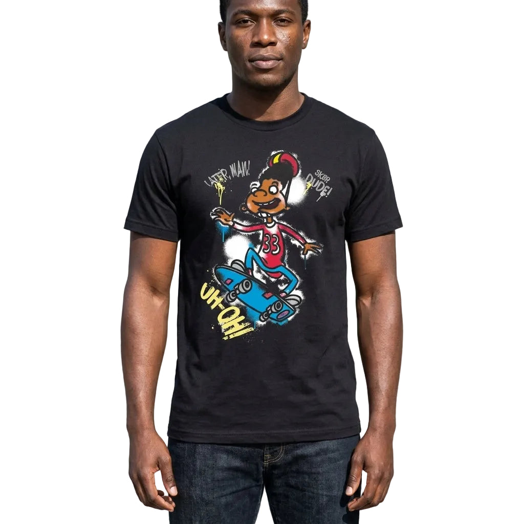 Person wearing a black t-shirt with a colorful graphic design against a light gray wall.