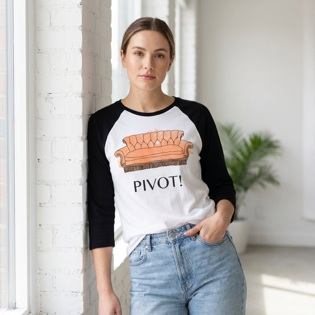 Women’s watercolor graphic raglan T-shirt featuring friends pivot design, casual short-sleeve shirt from Rex Distributor, Inc.