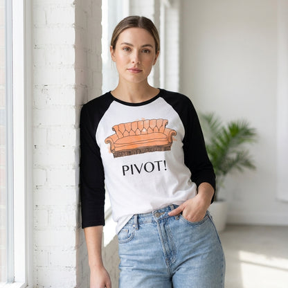 Women’s watercolor graphic raglan T-shirt featuring friends pivot design, casual short-sleeve shirt from Rex Distributor, Inc.