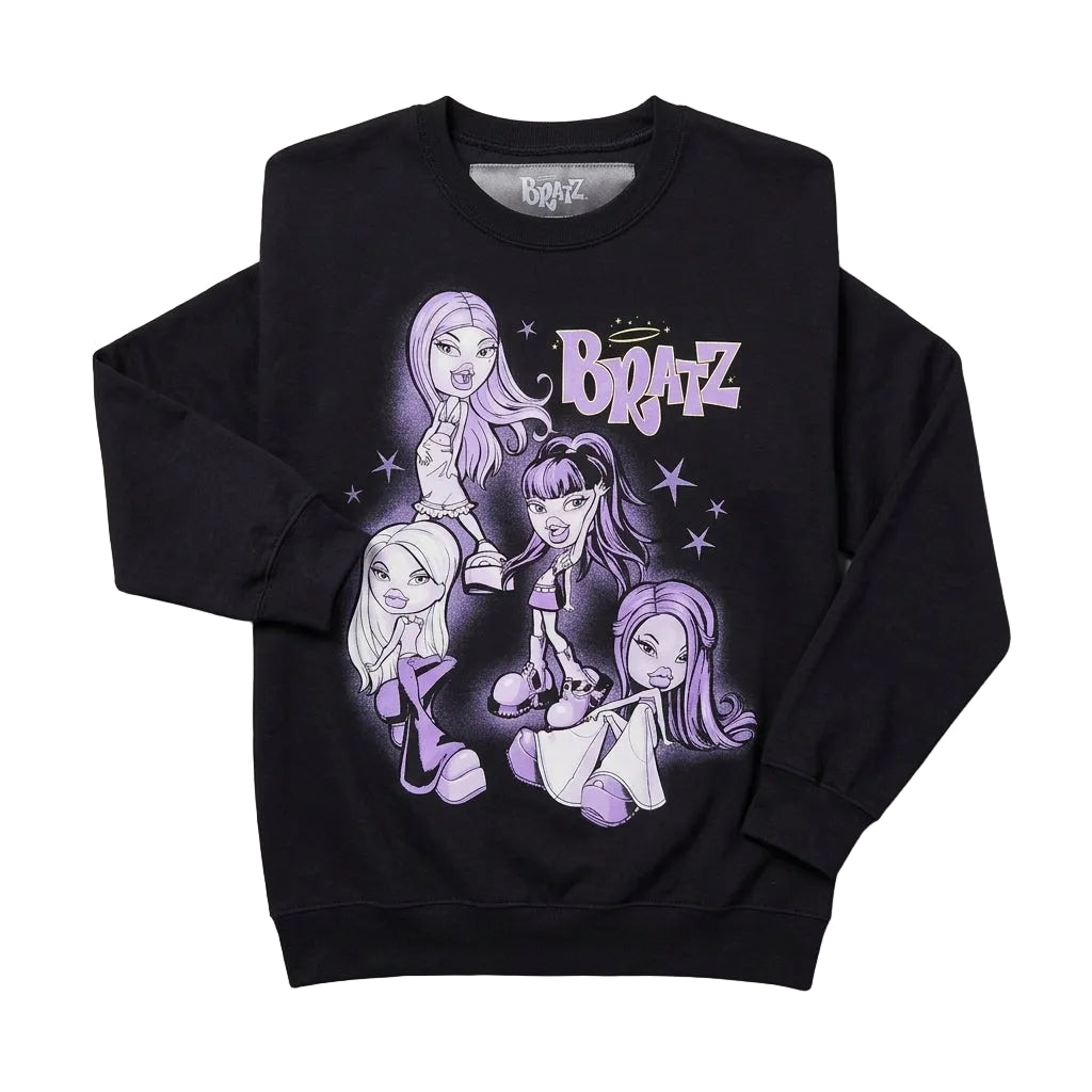 Black sweatshirt with Bratz graphic design on a gray background with purple shoes and accessories.