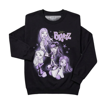 Black sweatshirt with Bratz graphic design on a gray background with purple shoes and accessories.
