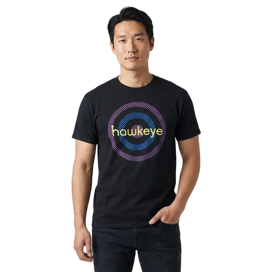 A man wearing a black crewneck t-shirt with a colorful circular graphic on the chest featuring the text 'haukeye'.