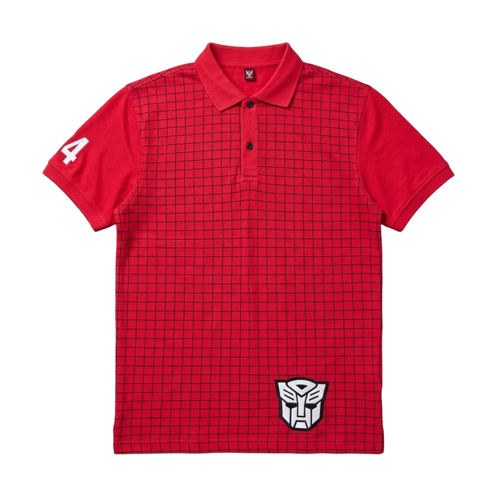 A red short-sleeve polo shirt with a black grid pattern, featuring a white number 4 on the right sleeve and a white Transformers Autobot logo on the lower left hem, laid flat on a gray textured background.
