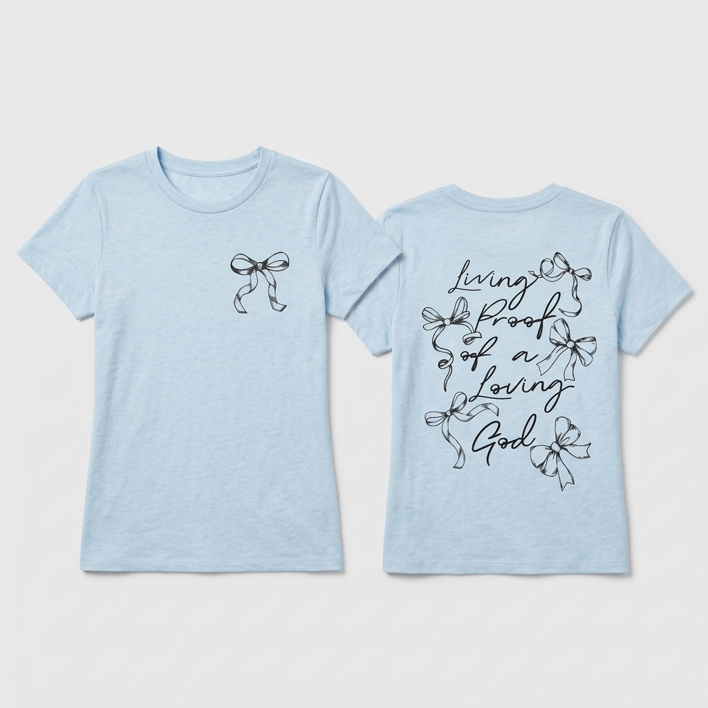 A light blue heather short-sleeve t-shirt shown from both the front and back. The front features a small black line art graphic of a bow on the left chest, while the back displays a larger black line art graphic of multiple bows surrounding the cursive text 'living proof of a Loving God'.