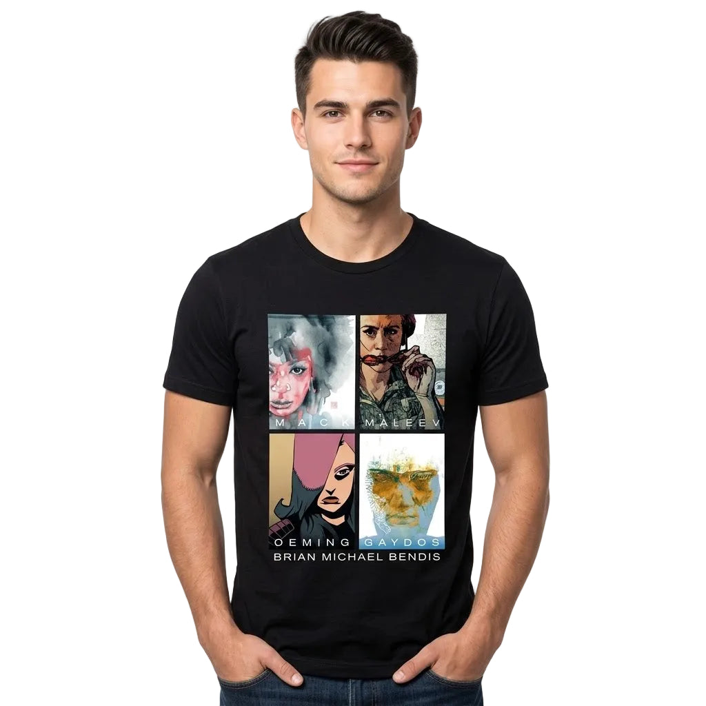 A man wearing a black crewneck t-shirt with a four-panel graphic print featuring characters from the movie 'Omen' and the text 'Omen Omen Brian Michael Bendis'.