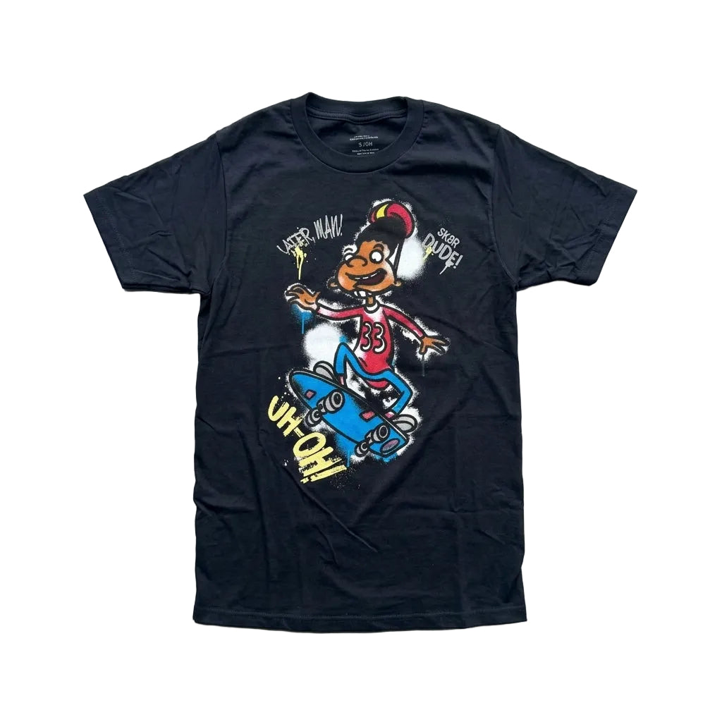 Black t-shirt with a colorful graphic design on a gray surface