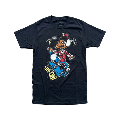Black t-shirt with a colorful graphic design on a gray surface