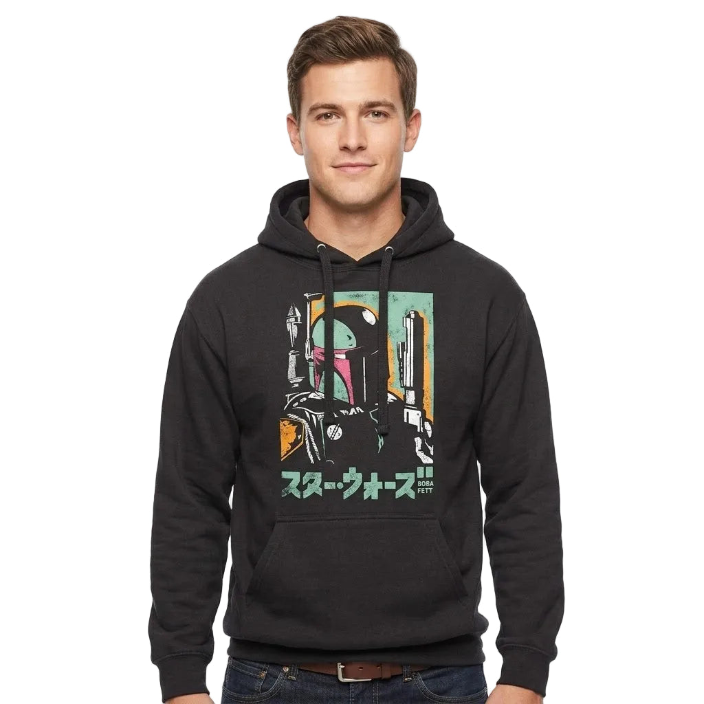 A man wearing a black pullover hoodie with a colorful Boba Fett graphic and Japanese text on the front, set against a plain white background.