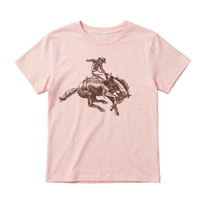A light pink short-sleeve crewneck t-shirt featuring a dark brown sketch graphic of a cowboy riding a bucking horse, laid flat on a white background.