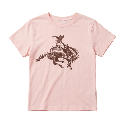 A light pink short-sleeve crewneck t-shirt featuring a dark brown sketch graphic of a cowboy riding a bucking horse, laid flat on a white background.