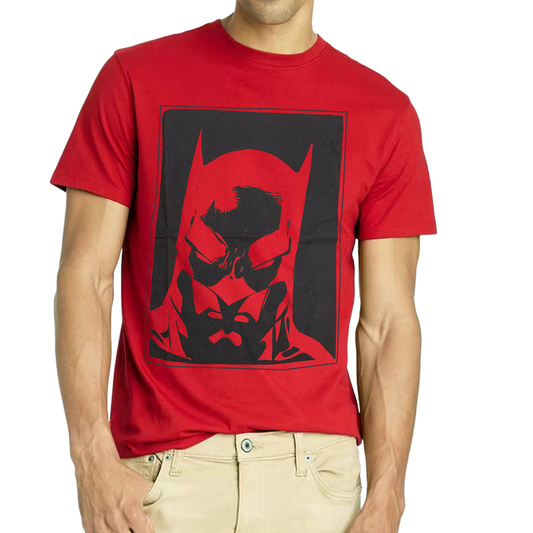 Men's DC Comics Batman red graphic T-shirt with bold Batman logo and artwork, made by Rex Distributor Inc.