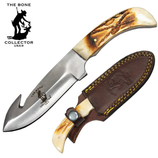 BC 803 7.25" Bone Collector Bovine Handle Gut Hook Hunting Knife with Leather Sheath