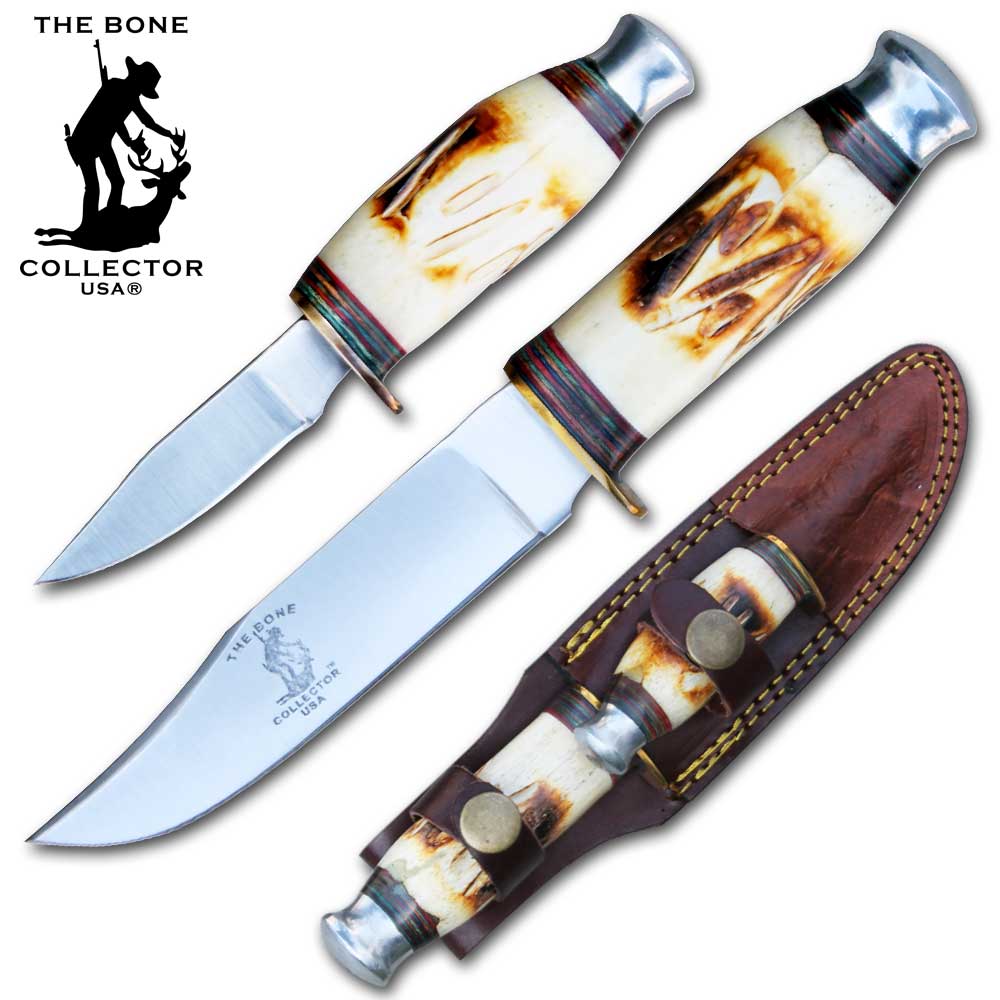 Bone Collector BC 815 hunting knife set with 8.5" and 4.5" blades, two-piece design, includes leather sheath for outdoor use