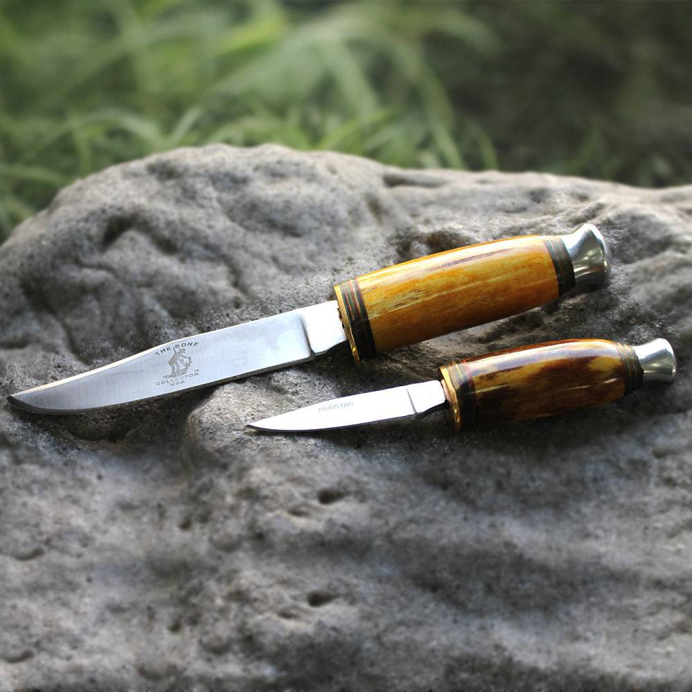 BC 815-YBN 8.5" & 4.5" Bone Collector Yellow-Bone Two Piece Hunting Knife Set with Leather Sheath - Rex Distributor, Inc. Wholesale Licensed Products and T-shirts, Sporting goods,