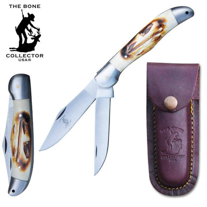 BC 816 5" Bone Collector 2 Blade Bone Handle Folding Knife with Leather Knife - Rex Distributor, Inc. Wholesale Licensed Products and T-shirts, Sporting goods,
