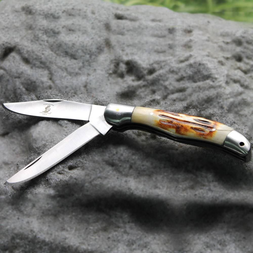BC 816 5" Bone Collector 2 Blade Bone Handle Folding Knife with Leather Knife - Rex Distributor, Inc. Wholesale Licensed Products and T-shirts, Sporting goods,
