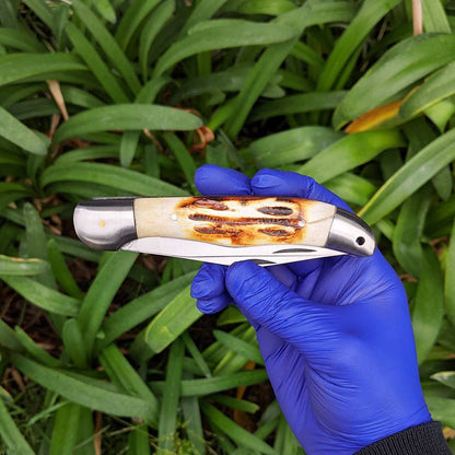 BC 816 5" Bone Collector 2 Blade Bone Handle Folding Knife with Leather Knife - Rex Distributor, Inc. Wholesale Licensed Products and T-shirts, Sporting goods,
