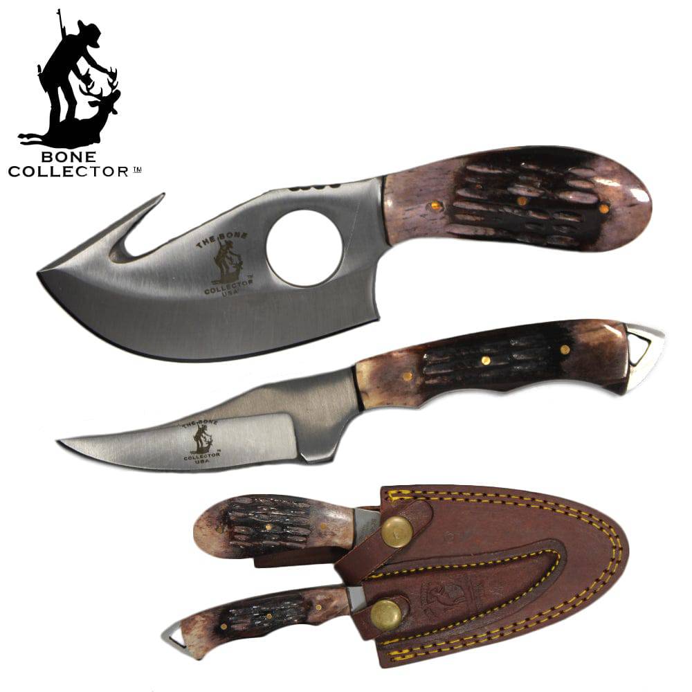 Bone Collector 2-piece hunting knife set with 7-inch bone handle knives and leather sheaths, ideal for outdoor hunting activities.