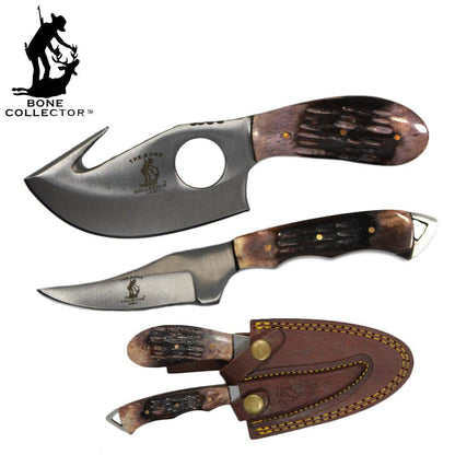 Bone Collector 2-piece hunting knife set with 7-inch bone handle knives and leather sheaths, ideal for outdoor hunting activities.