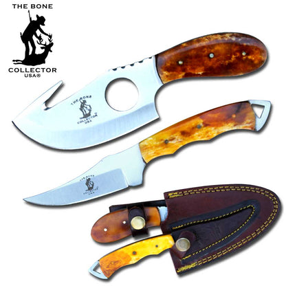 Bone Collector 2-piece hunting knife set with 7-inch yellow bone handle knives and leather sheaths, designed for outdoor use.