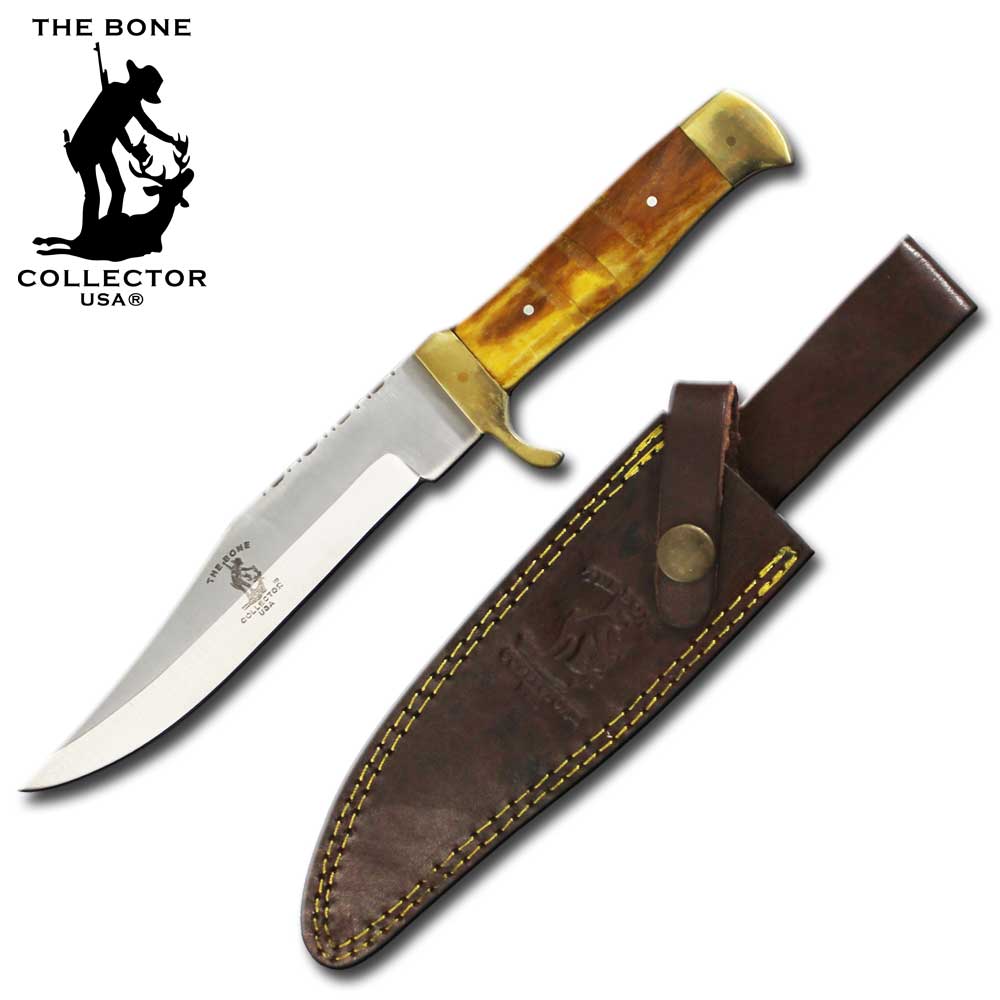Bone Collector yellow bone handle hunting knife with 10.25-inch blade, featuring a sturdy design for outdoor and hunting use.