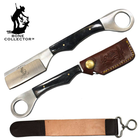 BC 866-BKBN 8" Black Bone Handle Razor Knife with Leather Sheath & Sharpening Strop Belt