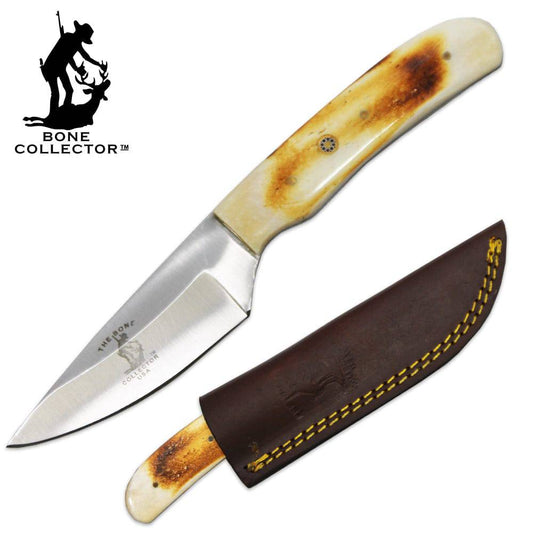 Bone Collector BC 883-BN 8-inch hunting knife with bovine bone handle and leather sheath, ideal for outdoor hunting activities.