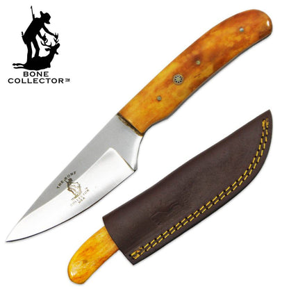 Bone Collector 8-inch hunting knife with yellow bovine bone handle and leather sheath, designed for outdoor hunting activities.