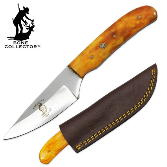 Bone Collector 8-inch hunting knife with yellow bovine bone handle and leather sheath, designed for outdoor hunting activities.