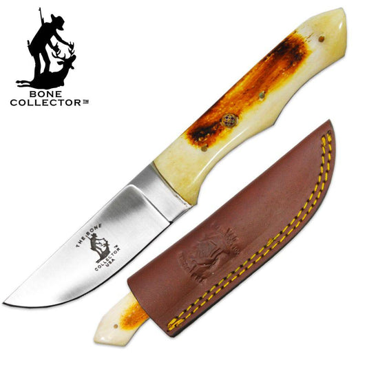 Bone Collector BC 884-BN 8-inch hunting knife with bovine bone handle and leather sheath, ideal for outdoor hunting and survival.